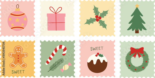 Christmas stamp illustration set, ornament, gift, holly, tree, candy, pudding, wreath, gingerbread, festive decor, holiday design, celebration