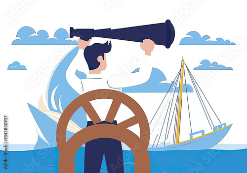 Businessman standing behind ship helm holding telescope looking ahead on ocean with sailing boat and clouds flat vector illustration