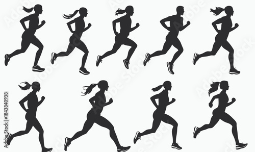 Silhouettes of men and women running jogging exercising marathon athletes in various dynamic poses set of black flat minimalist vector illustrations