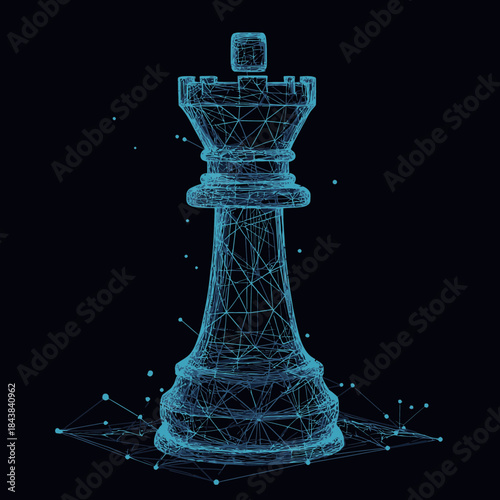 Abstract digital wireframe rook chess piece with glowing blue polygonal lines and data points on dark background for strategy and game concept
