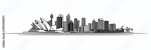 Minimalist black and white Sydney city skyline vector illustration featuring Opera House, skyscrapers, tower, ferry, urban landscape silhouette line art design