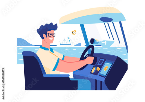 Smiling young man steering boat helm wearing glasses on calm sea with fishing boat background in flat vector style