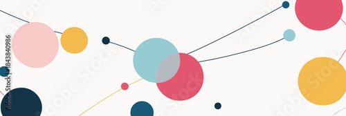 Colorful abstract circles connected by thin lines representing social network connections concept in minimalist flat vector style with various sizes and overlapping elements on white background