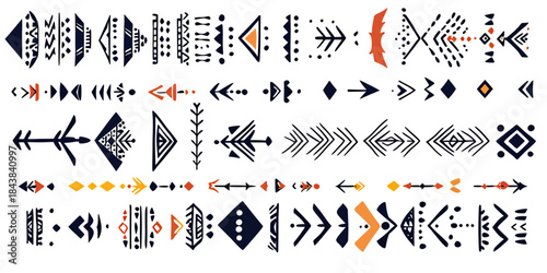 Hand drawn ethnic arrow and geometric folk motifs border set with tribal boho minimalist style patterns in black, orange, yellow vector design elements