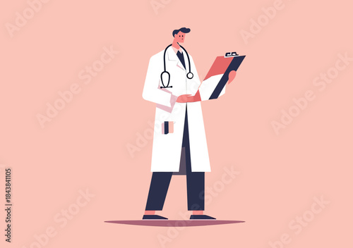 Male doctor wearing white coat and stethoscope standing and holding medical clipboard with prescription document flat vector illustration on pink background
