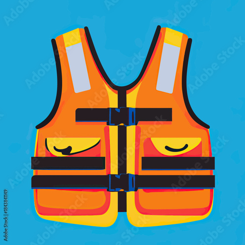 Bright orange life vest with safety straps and pockets flat minimalist vector illustration on blue background for water safety and boating gear concept