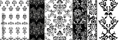 Black and white seamless damask floral patterns set with intricate ornamental vintage geometric motifs for elegant textile and wallpaper design