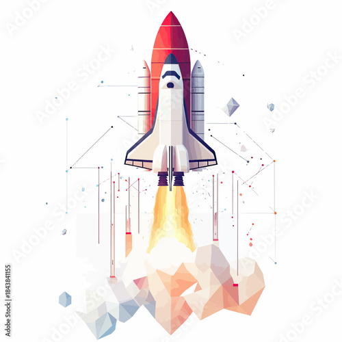 Space shuttle launch with abstract geometric smoke and digital polygon network background symbolizing technology innovation and rapid growth concept vector illustration