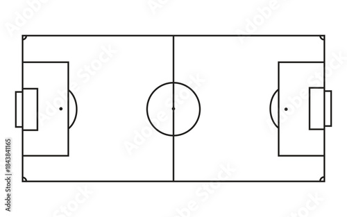 Simple soccer field vector outline a minimalist black and white illustration of a football pitch with goals post and center circle.eps
