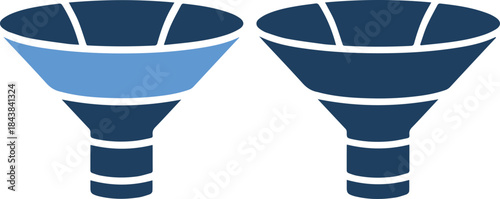 Two clipart funnel icons in light and dark blue