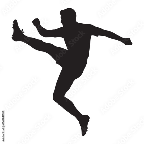Silhouette athlete performs a high kick mid-air with dynamic motion