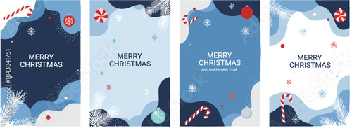 Christmas greeting card set, snowflakes, candy canes, ornaments, pine branches, winter design, holiday cheer, festive layout, seasonal illustration, celebration