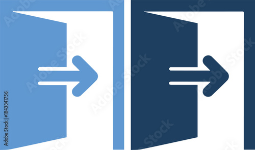 Two blue door icons with arrows pointing right on blue background in different shades
