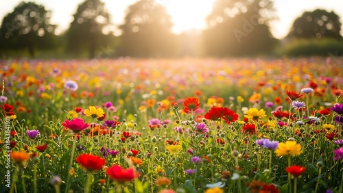 Fototapeta Naklejka Na Ścianę i Meble -  Vibrant wildflower meadow at sunset with trees in background