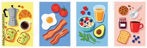 Breakfast variety illustration, coffee, croissant, avocado toast, bacon, eggs, cereal bowl, orange juice, jam, cookie, healthy morning food art