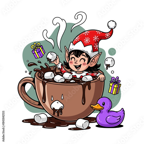 Christmas elf bathing in hot chocolate with marshmallows and a rubber ducky surrounded by festive gifts a whimsical holiday illustration for winter fun