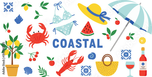 Coastal summer lifestyle illustration, crab, lobster, bikini, sunhat, fruit, wine, beach decor, travel theme, vibrant layout, seaside vacation