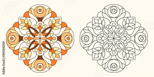 Mandala design element in warm orange and brown tones with line art version, symmetrical abstract pattern