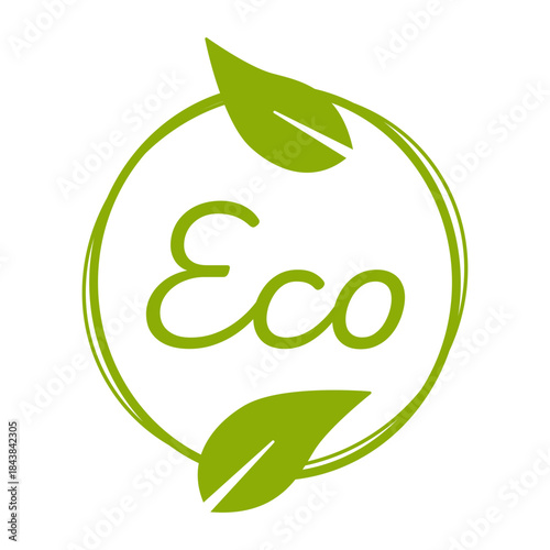 Natural Green Bio Eco Ecologic Round Circle Badge Sticker Stamp Info Label Sign Icon for Product and Package with Leaf Symbol. Vector Image.