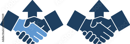 Two shaking hands with arrows pointing up