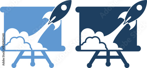 Rocket ship on an easel with clouds