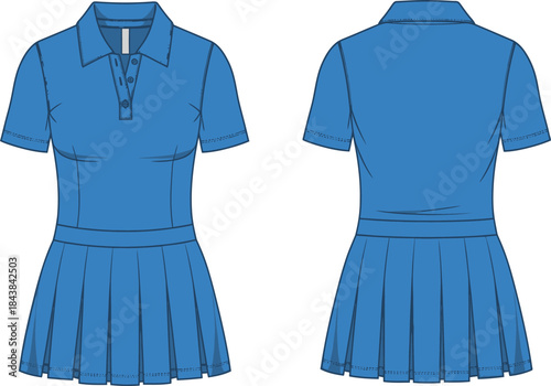 Blue women s polo dress with pleated skirt front and back views fashion template illustration