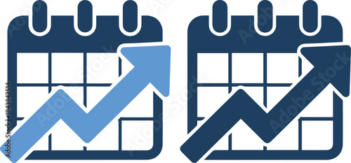 Two calendars with upward trending arrows in dark blue and light blue colors on blue background in different shades