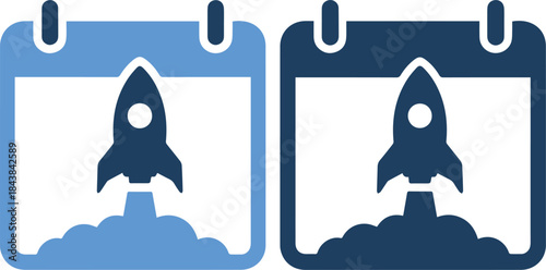 Two calendar icons with rocket launch on blue background in different shades