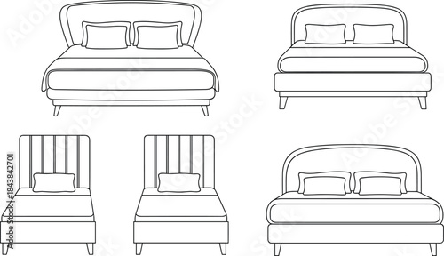 Vector Line Art Outlines of Modern and Upholstered Bed Designs with Pillows, Representing Home Interior Design, Bedroom Furniture, and Sleeping Comfort.