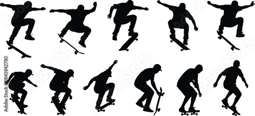 Dynamic Collection of Skateboard Jumps, Ollie Stunts, and Extreme Action Poses for Street Sports and Youth Lifestyle Graphics