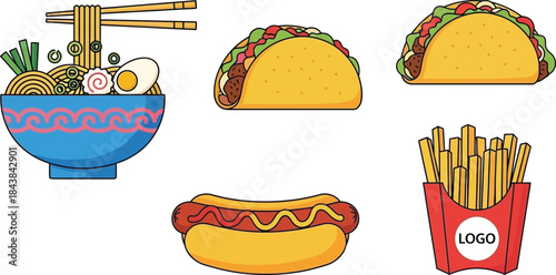 A colorful illustration showcasing ramen tacos hot dog french fries and other fast food items