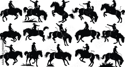 Dynamic cowboy rodeo silhouette collection featuring bucking horses, energetic riding action, western ranch culture, and dramatic wild horse movement for  
