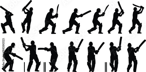 Dynamic cricket batsman silhouette vector illustration set, showing various batting poses, shots, and protective gear for sport and game design content.