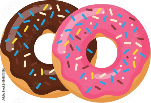 Two colorful donuts with sprinkles one chocolate and one pink arranged in an infinity symbol