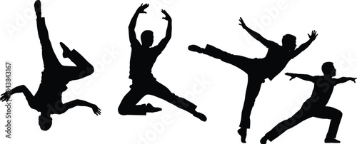 Dynamic dance silhouette collection featuring expressive jumps, artistic balance poses, energetic contemporary movement, and graceful performance gestures for modern vector illustration and creative 