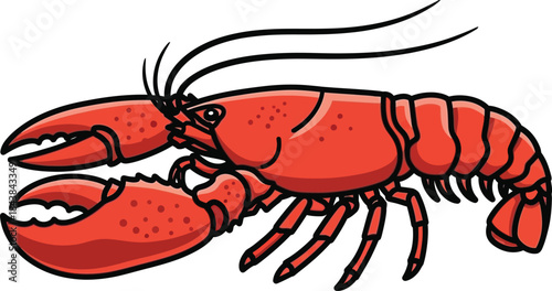 A vibrant red lobster illustration with detailed features and prominent claws displayed