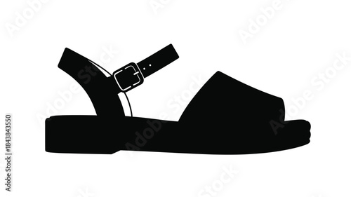 A simple black and white silhouette of a single sandal with a strap and buckle