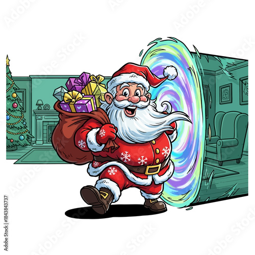 Santa claus delivering presents through a magical swirling portal into a decorated living room with a christmas tree and fireplace for holiday cheer