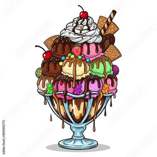 Ice cream sundae dessert massive sweet treat colorful scoops chocolate syrup whipped cream cherry topping waffle cone garnish delicious
