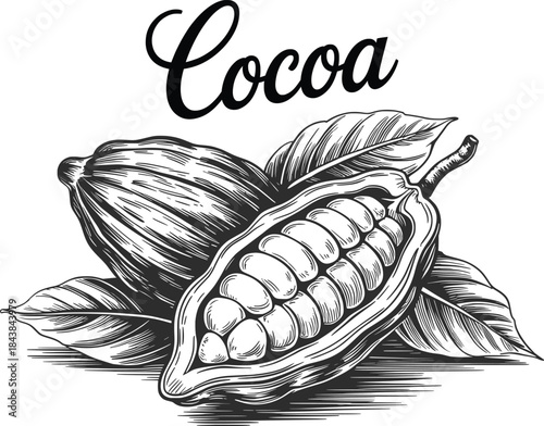 Cocoa Pod and Beans Vintage Illustration.