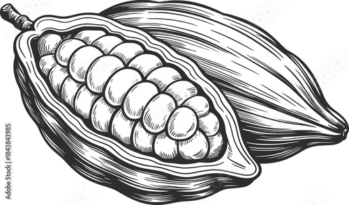 Cocoa Pod and Beans Vintage Illustration.