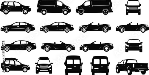 Vehicle silhouette collection, SUV sedan van truck, side front views, black icons, automotive design, white background, transport illustration, car shapes