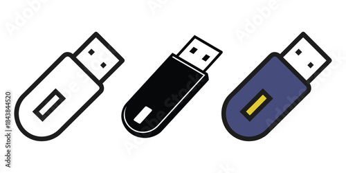 Three USB flash drives in different colors isolated on white background