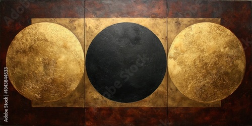 Abstract art with golden and black circles on textured background composition
