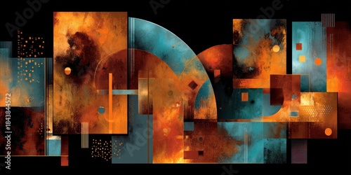 Abstract artwork featuring geometric shapes and vibrant colors on a dark background