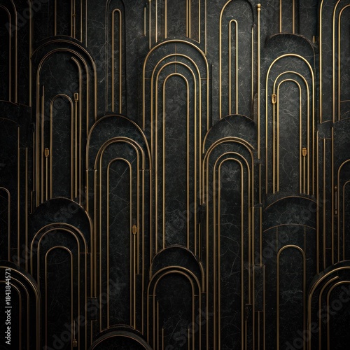 Abstract art deco pattern with gold arches on dark background