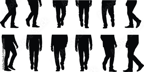 Walking motion silhouettes, human gait cycle, black figure sequence, biomechanics reference, animation frames, movement study, posture variation, minimal design
