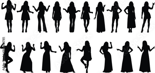 Women silhouette poses, fashion outfit icons, black figure design, posture reference, gesture chart, white background, style sketch, model stance