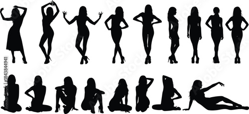 Women silhouette poses, standing and sitting figures, black body outlines, posture reference, fashion design aid, gesture study, white background