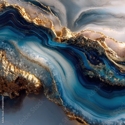 Abstract artwork of blue and gold layers suggesting natural patterns